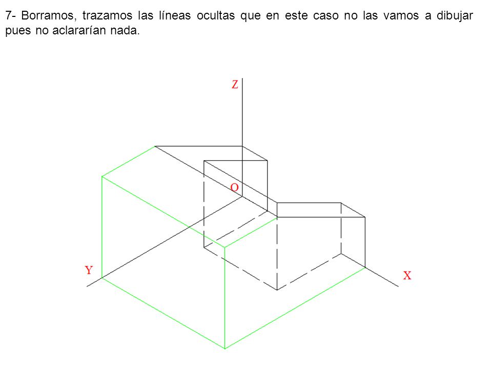 7- Borramos, trazamos las líneas ocultas que en este caso no las vamos a dibujar pues no aclararían nada.
