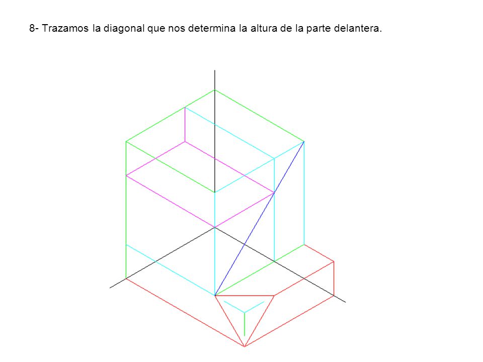 8- Trazamos la diagonal que nos determina la altura de la parte delantera.