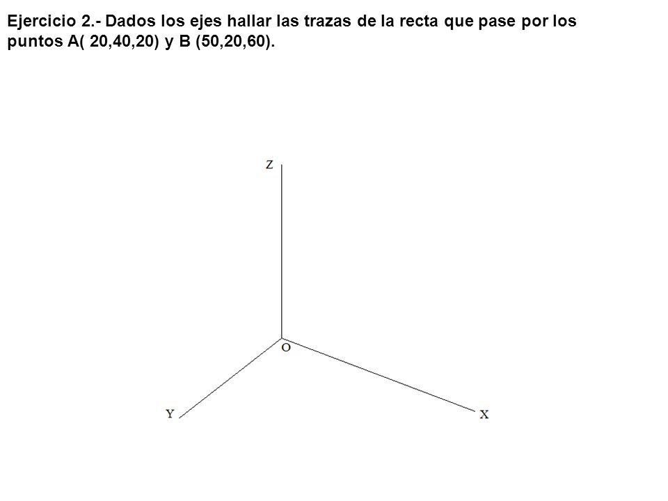 Ejercicio 2.- Dados los ejes hallar las trazas de la recta que pase por los puntos A( 20,40,20) y B (50,20,60).