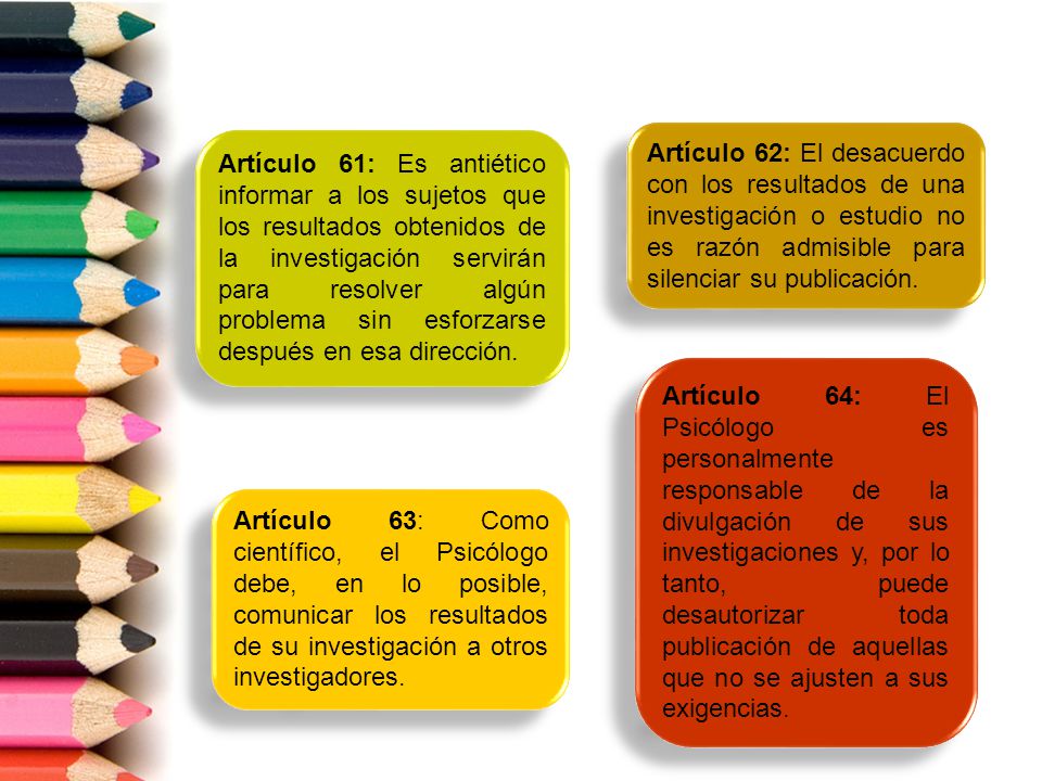 Artículo 62: El desacuerdo con los resultados de una investigación o estudio no es razón admisible para silenciar su publicación.