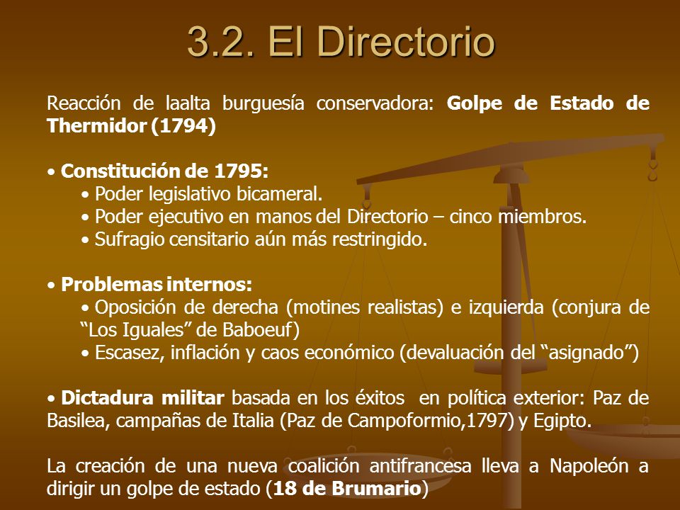 3.2. El Directorio Reacción de laalta burguesía conservadora: Golpe de Estado de Thermidor (1794) Constitución de 1795: