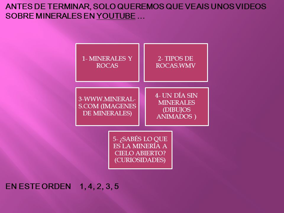 ANTES DE TERMINAR, SOLO QUEREMOS QUE VEAIS UNOS VIDEOS SOBRE MINERALES EN YOUTUBE …