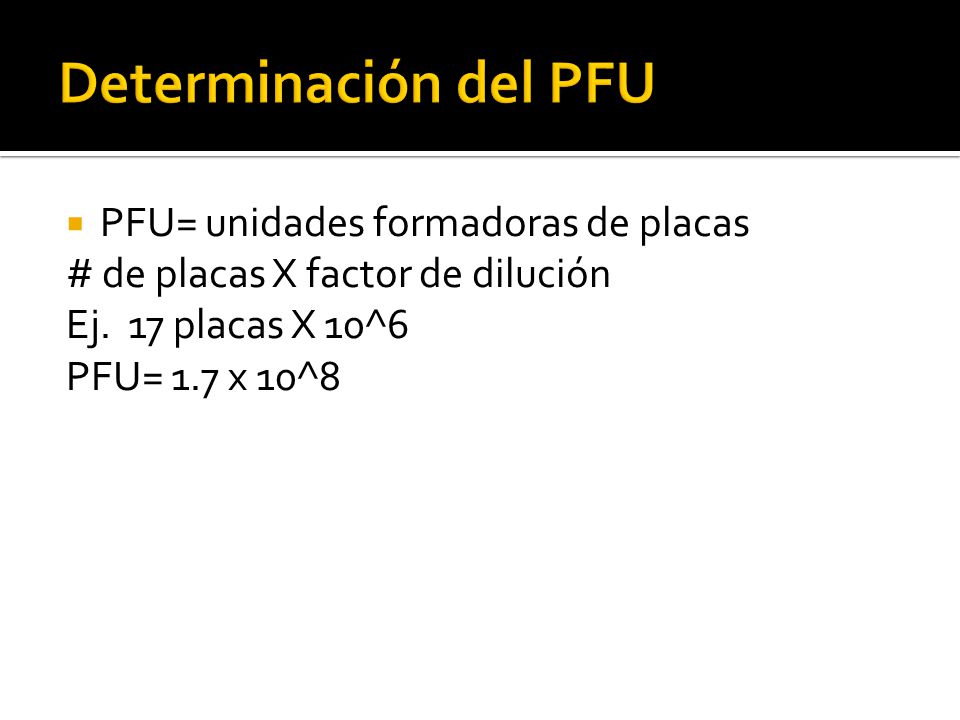 Determinación del PFU PFU= unidades formadoras de placas