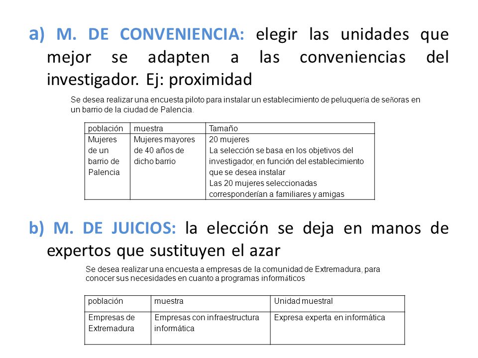 a) M. DE CONVENIENCIA: elegir las unidades que mejor se adapten a las conveniencias del investigador. Ej: proximidad