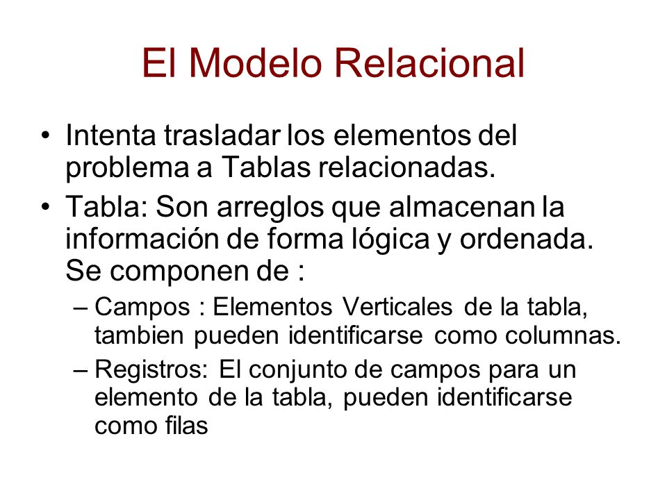 El Modelo Relacional Intenta trasladar los elementos del problema a Tablas relacionadas.
