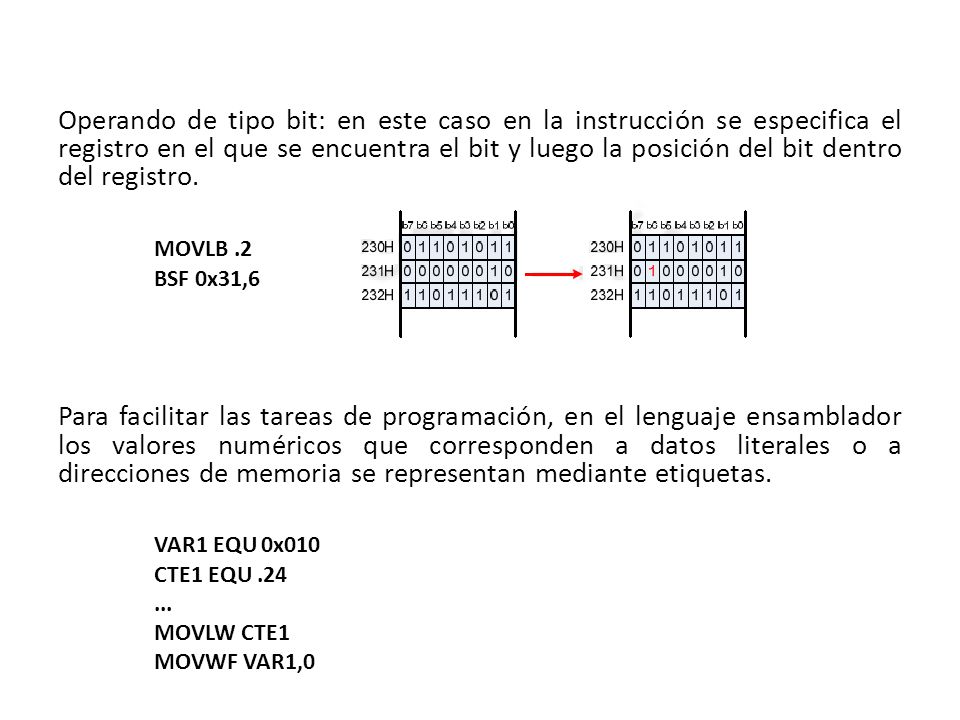 Operando de tipo bit: en este caso en la instrucción se especifica el registro en el que se encuentra el bit y luego la posición del bit dentro del registro.