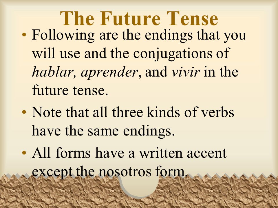 The Future Tense Following are the endings that you will use and the conjugations of hablar, aprender, and vivir in the future tense.