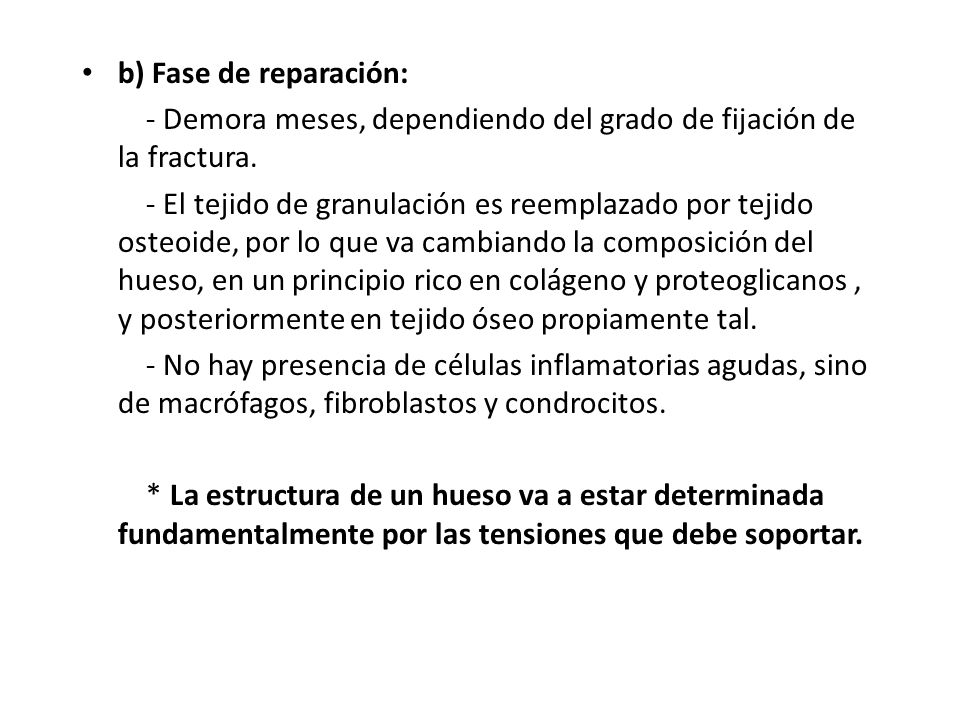 b) Fase de reparación: - Demora meses, dependiendo del grado de fijación de la fractura.