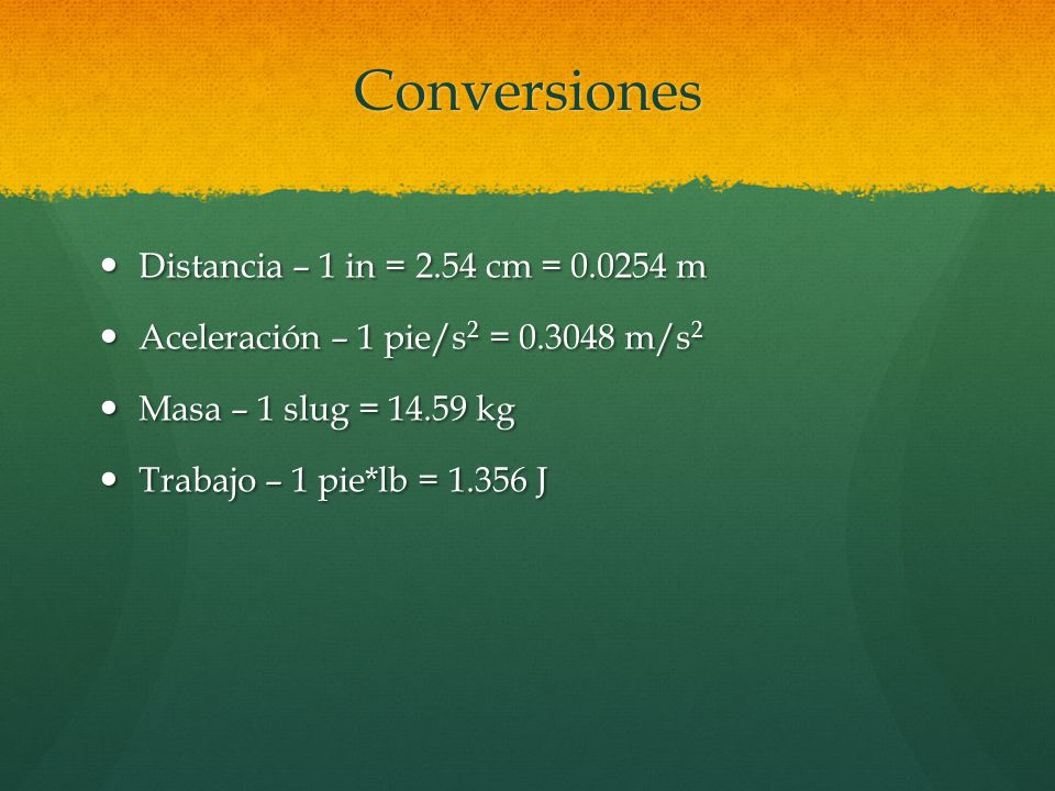 Conversiones Distancia – 1 in = 2.54 cm = m