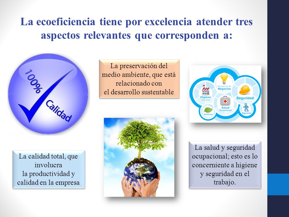 La ecoeficiencia tiene por excelencia atender tres aspectos relevantes que corresponden a: