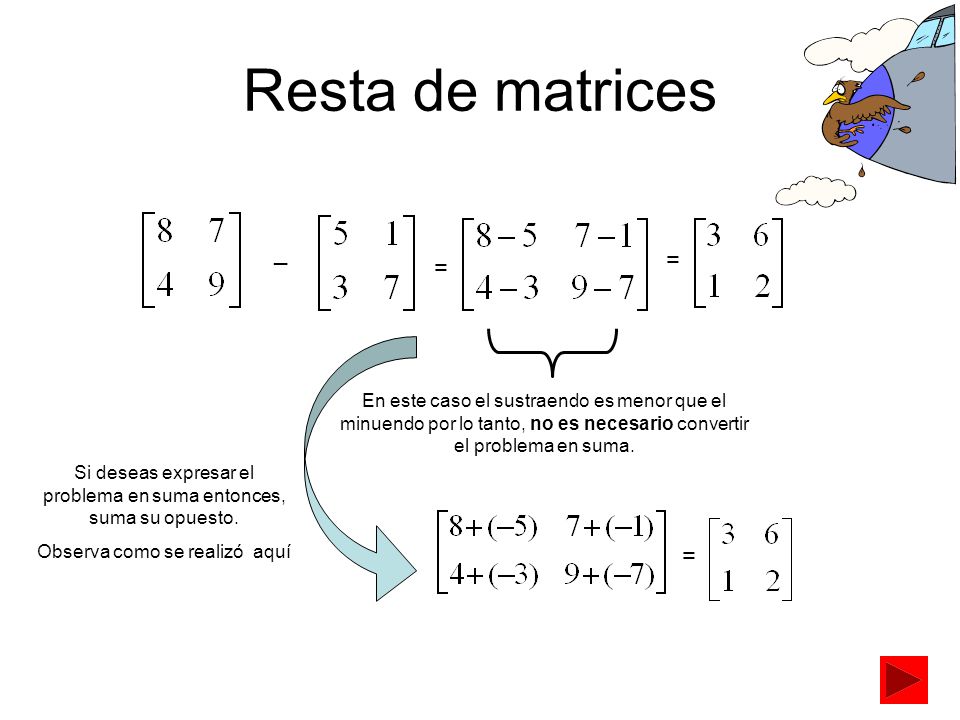Resta de matrices _. = = En este caso el sustraendo es menor que el minuendo por lo tanto, no es necesario convertir el problema en suma.