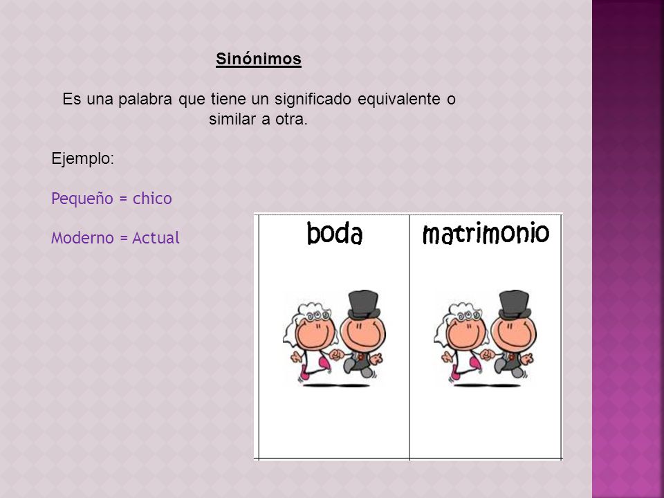 Sinónimos Es una palabra que tiene un significado equivalente o similar a otra.
