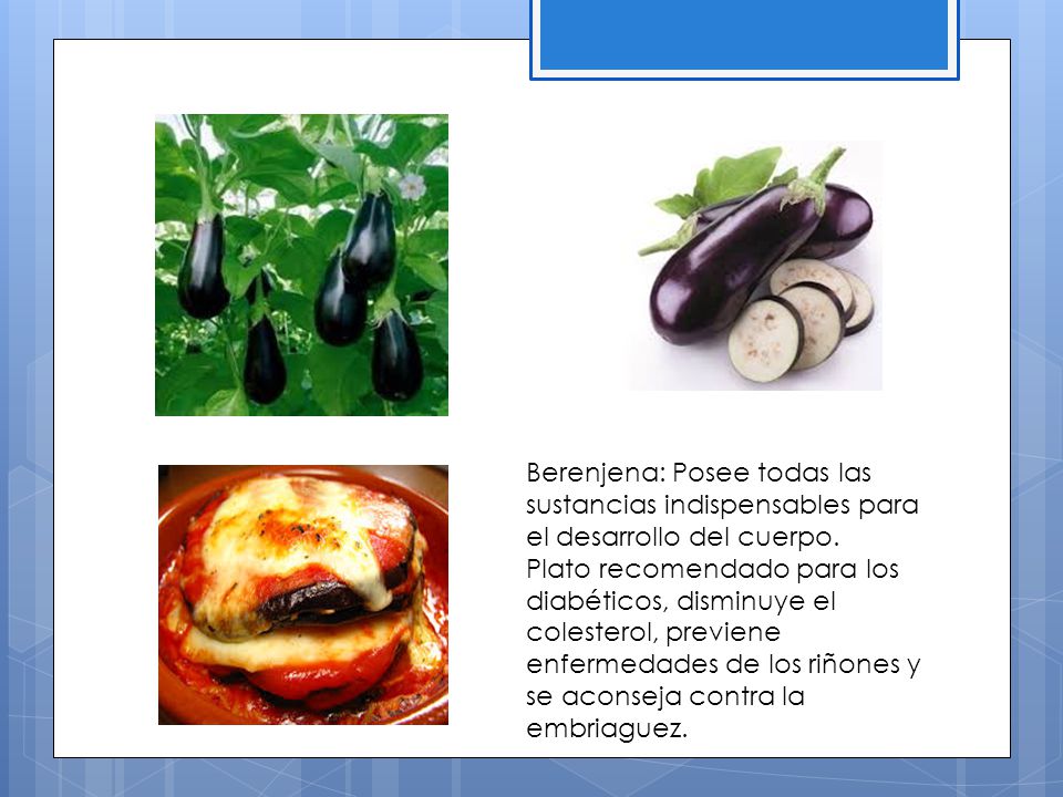 Berenjena: Posee todas las sustancias indispensables para el desarrollo del cuerpo.