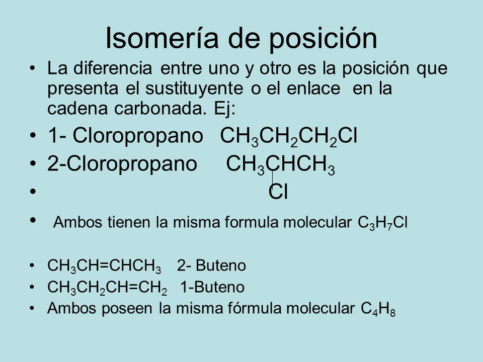 Isomería de posición 1- Cloropropano CH3CH2CH2Cl