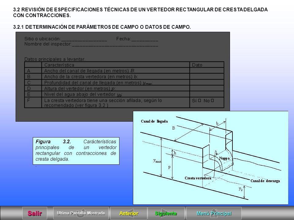 3.2 REVISIÓN DE ESPECIFICACIONES TÉCNICAS DE UN VERTEDOR RECTANGULAR DE CRESTA DELGADA CON CONTRACCIONES.