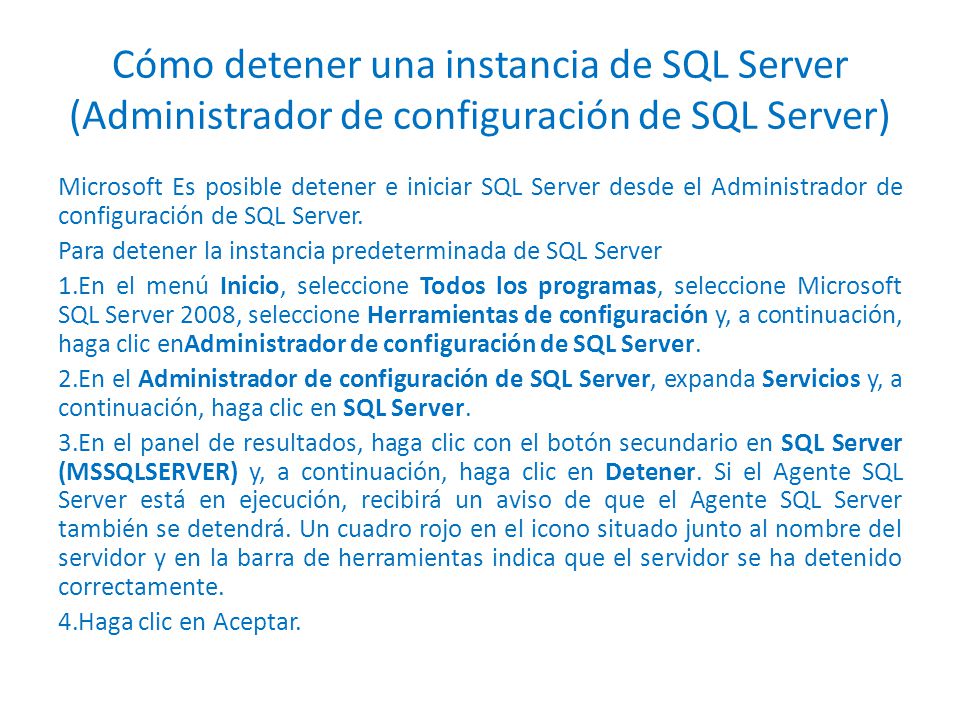 Cómo detener una instancia de SQL Server (Administrador de configuración de SQL Server)