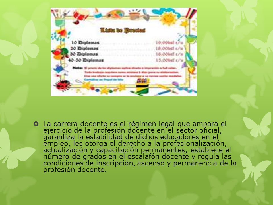 La carrera docente es el régimen legal que ampara el ejercicio de la profesión docente en el sector oficial, garantiza la estabilidad de dichos educadores en el empleo, les otorga el derecho a la profesionalización, actualización y capacitación permanentes, establece el número de grados en el escalafón docente y regula las condiciones de inscripción, ascenso y permanencia de la profesión docente.