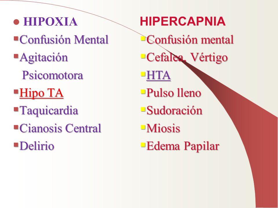 HIPOXIA Confusión Mental. Agitación. Psicomotora. Hipo TA. Taquicardia. Cianosis Central. Delirio.
