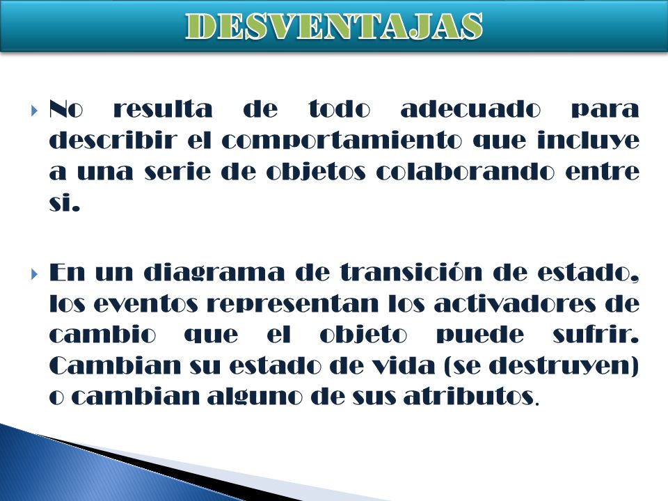 DESVENTAJAS No resulta de todo adecuado para describir el comportamiento que incluye a una serie de objetos colaborando entre si.