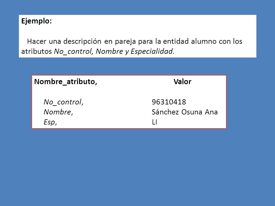 Ejemplo: Hacer una descripción en pareja para la entidad alumno con los atributos No_control, Nombre y Especialidad.