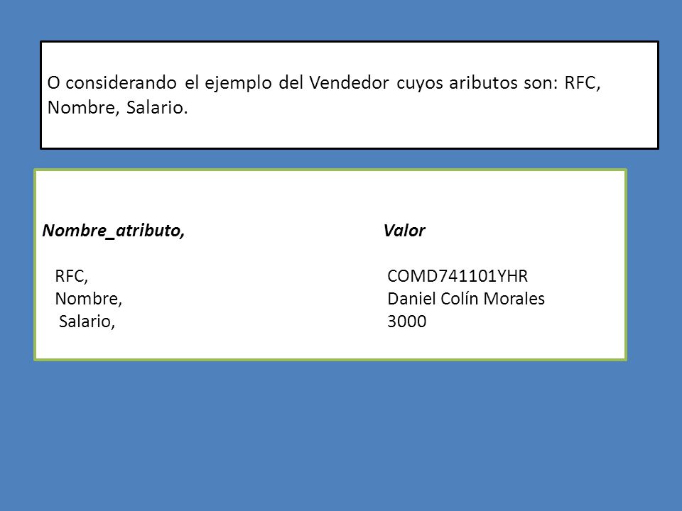 O considerando el ejemplo del Vendedor cuyos aributos son: RFC, Nombre, Salario.