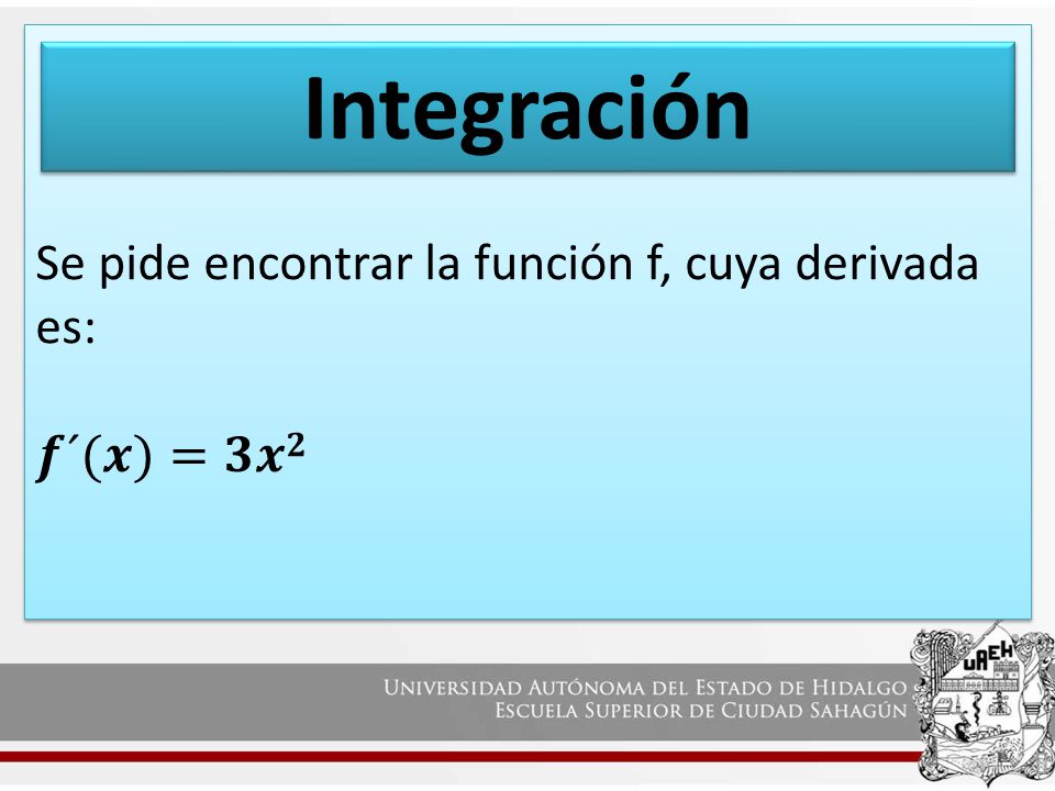 Se pide encontrar la función f, cuya derivada es: 𝒇´(𝒙)=𝟑𝒙𝟐