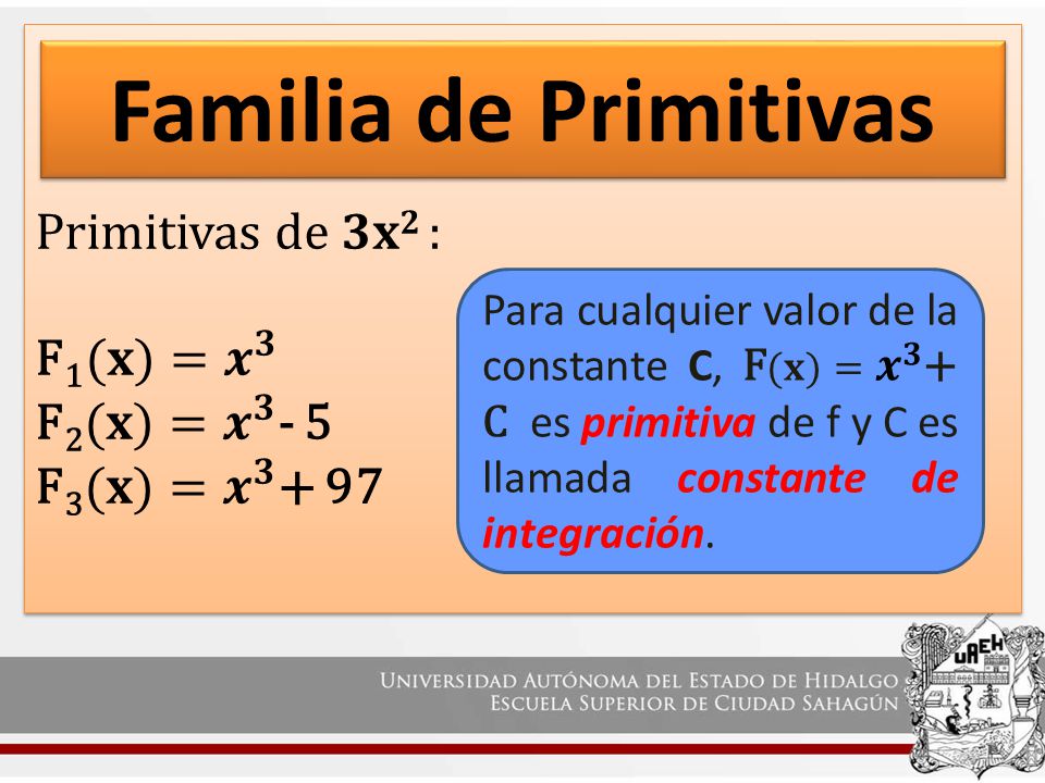 Primitivas de 𝟑𝐱𝟐 : F1(𝐱)= 𝒙 𝟑 F2(𝐱)= 𝒙 𝟑 - 5 F3(𝐱)= 𝒙 𝟑 + 97