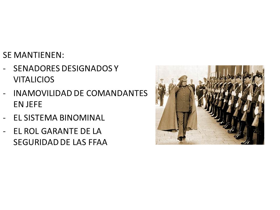 SE MANTIENEN: SENADORES DESIGNADOS Y VITALICIOS. INAMOVILIDAD DE COMANDANTES EN JEFE. EL SISTEMA BINOMINAL.