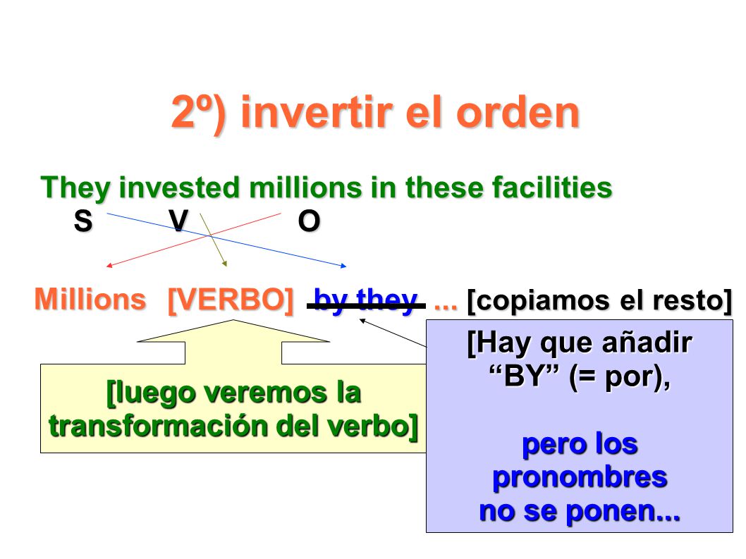 2º) invertir el orden They invested millions in these facilities S V O