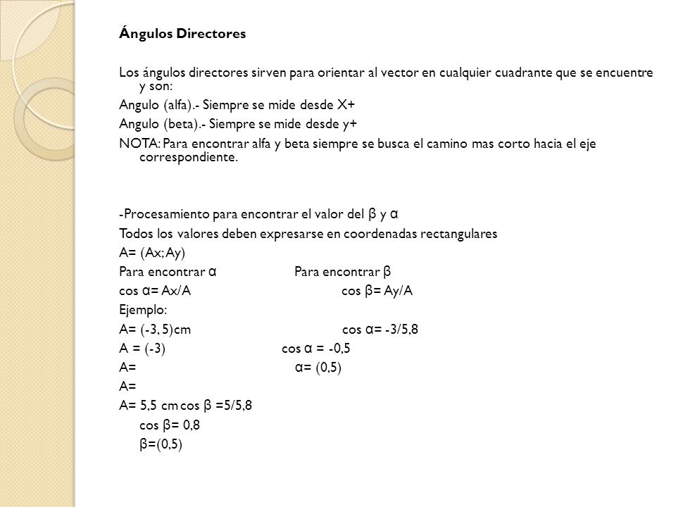 Ángulos Directores Los ángulos directores sirven para orientar al vector en cualquier cuadrante que se encuentre y son: