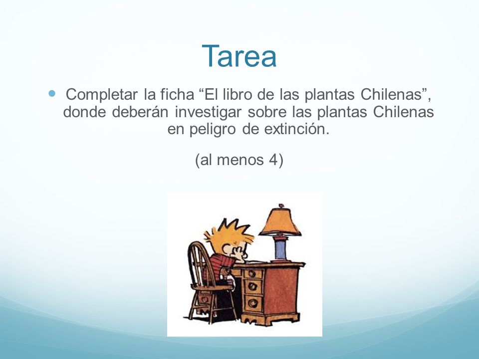 Tarea Completar la ficha El libro de las plantas Chilenas , donde deberán investigar sobre las plantas Chilenas en peligro de extinción.