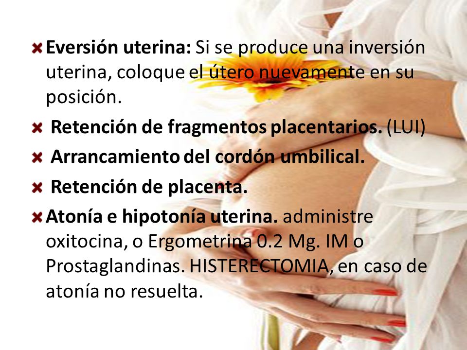 Eversión uterina: Si se produce una inversión uterina, coloque el útero nuevamente en su posición.
