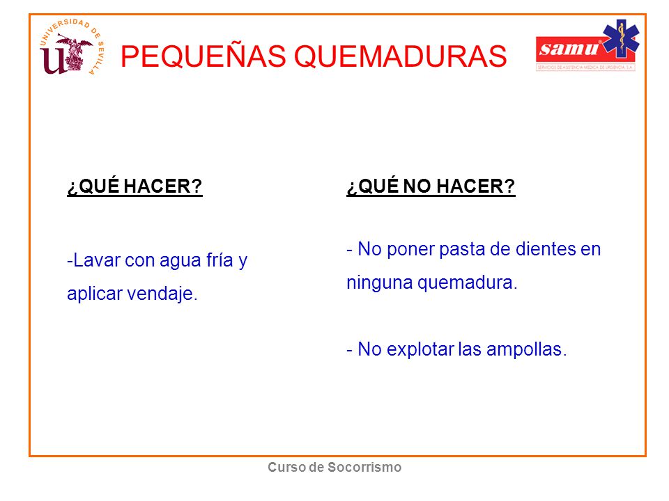 PEQUEÑAS QUEMADURAS ¿QUÉ HACER Lavar con agua fría y aplicar vendaje.