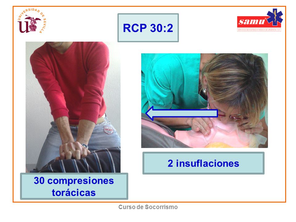 RCP 30:2 2 insuflaciones 30 compresiones torácicas Curso de Socorrismo