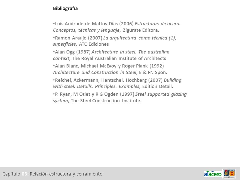 Bibliografía Luis Andrade de Mattos Dias (2006) Estructuras de acero. Conceptos, técnicas y lenguaje, Zigurate Editora.