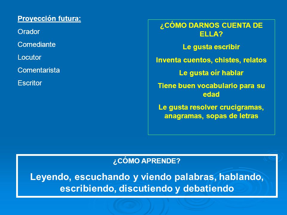 Proyección futura: Orador. Comediante. Locutor. Comentarista. Escritor. ¿CÓMO DARNOS CUENTA DE ELLA