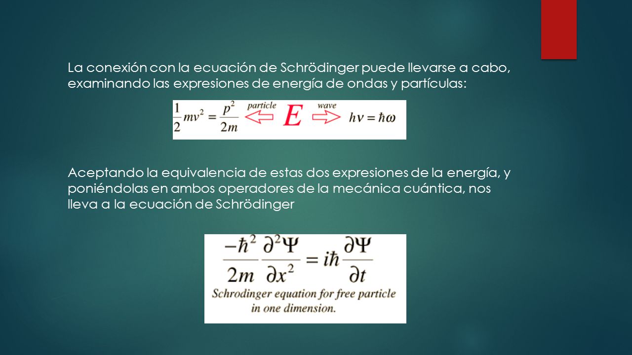 La conexión con la ecuación de Schrödinger puede llevarse a cabo, examinando las expresiones de energía de ondas y partículas: Aceptando la equivalencia de estas dos expresiones de la energía, y poniéndolas en ambos operadores de la mecánica cuántica, nos lleva a la ecuación de Schrödinger
