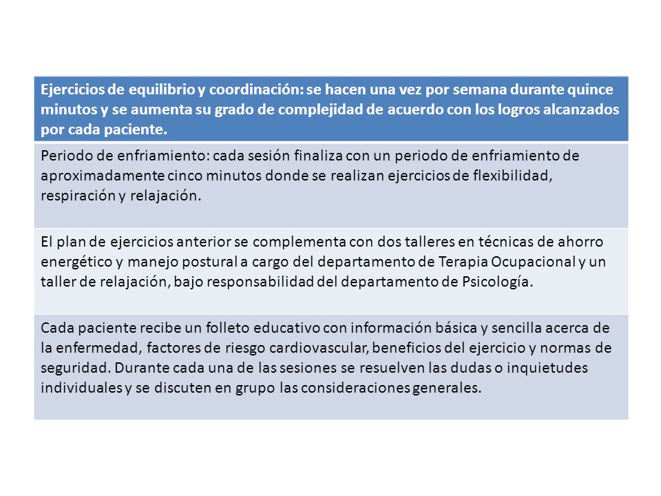 Ejercicios de equilibrio y coordinación: se hacen una vez por semana durante quince minutos y se aumenta su grado de complejidad de acuerdo con los logros alcanzados por cada paciente.