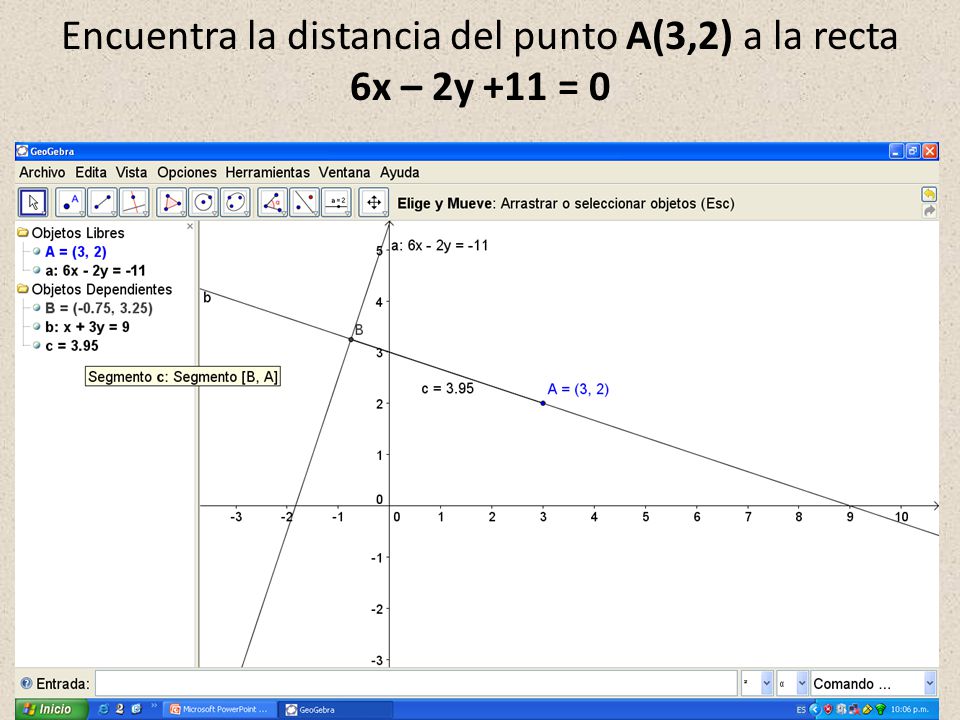 Encuentra la distancia del punto A(3,2) a la recta 6x – 2y +11 = 0