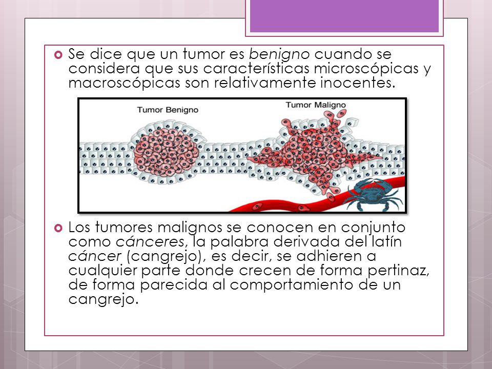 Se dice que un tumor es benigno cuando se considera que sus características microscópicas y macroscópicas son relativamente inocentes.