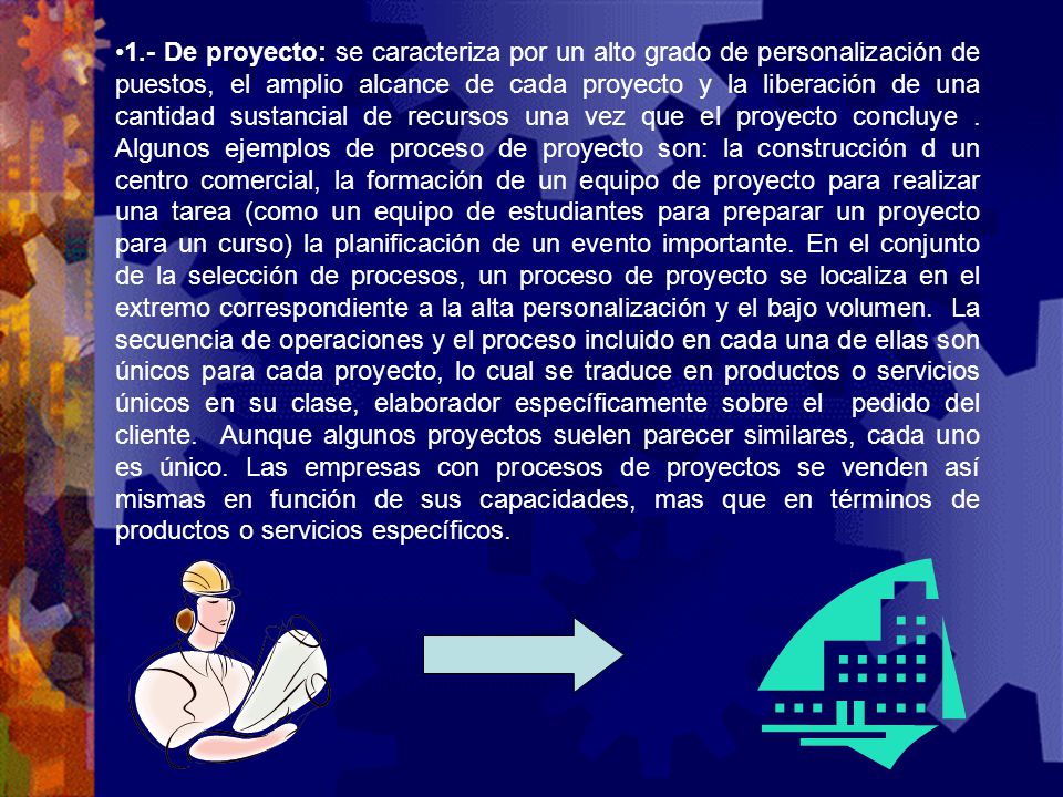 1.- De proyecto: se caracteriza por un alto grado de personalización de puestos, el amplio alcance de cada proyecto y la liberación de una cantidad sustancial de recursos una vez que el proyecto concluye .