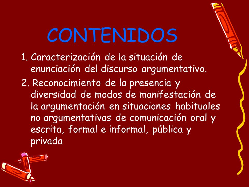 CONTENIDOS 1. Caracterización de la situación de enunciación del discurso argumentativo.