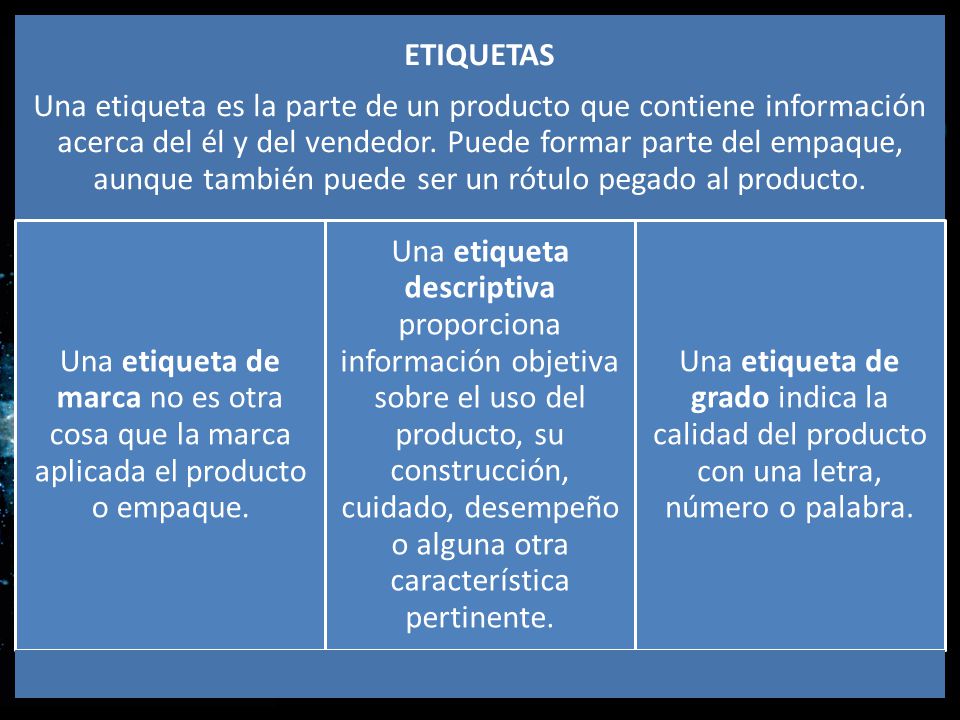 Una etiqueta es la parte de un producto que contiene información acerca del él y del vendedor. Puede formar parte del empaque, aunque también puede ser un rótulo pegado al producto.