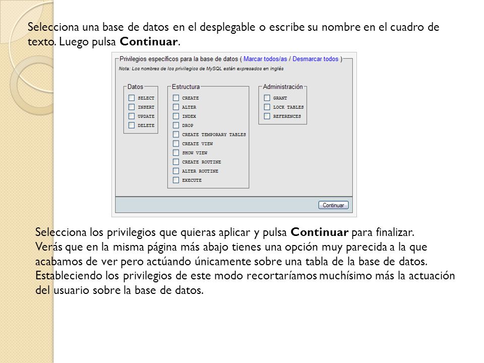 Selecciona una base de datos en el desplegable o escribe su nombre en el cuadro de