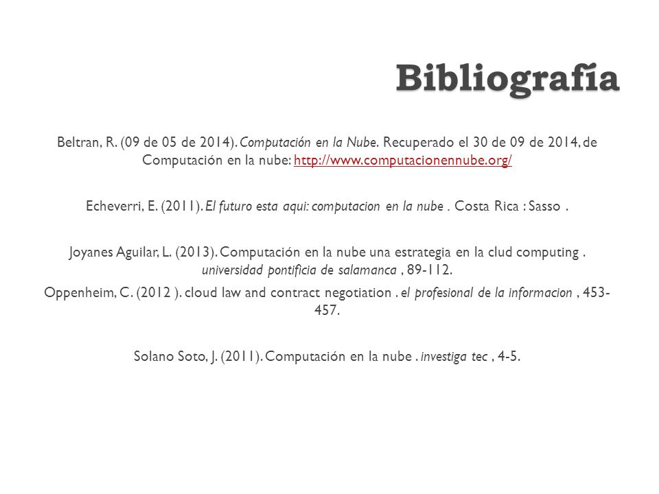 Solano Soto, J. (2011). Computación en la nube . investiga tec , 4-5.