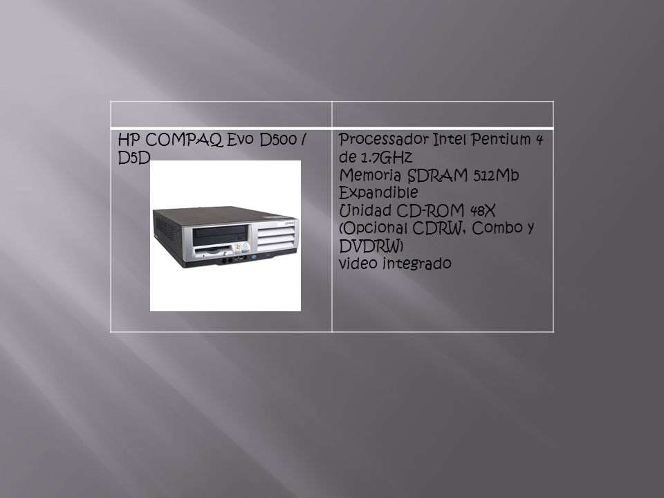 HP COMPAQ Evo D500 / D5D Processador Intel Pentium 4 de 1.7GHz Memoria SDRAM 512Mb Expandible.