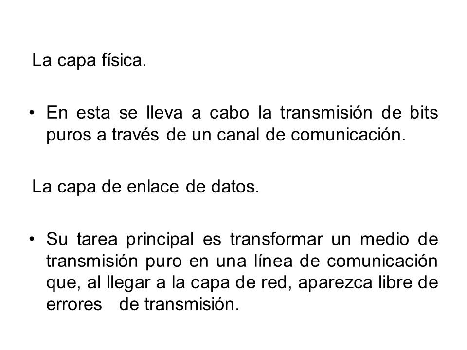 La capa física. En esta se lleva a cabo la transmisión de bits puros a través de un canal de comunicación.