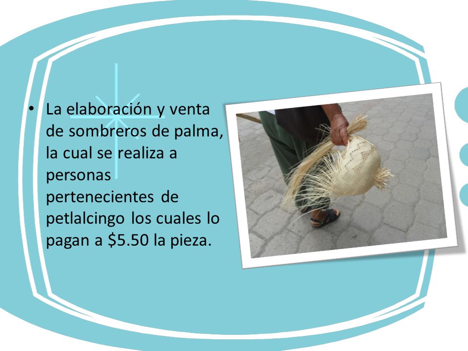 La elaboración y venta de sombreros de palma, la cual se realiza a personas pertenecientes de petlalcingo los cuales lo pagan a $5.50 la pieza.