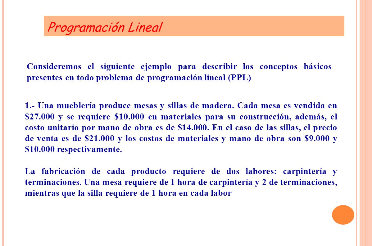 Programación Lineal Consideremos el siguiente ejemplo para describir los conceptos básicos presentes en todo problema de programación lineal (PPL)