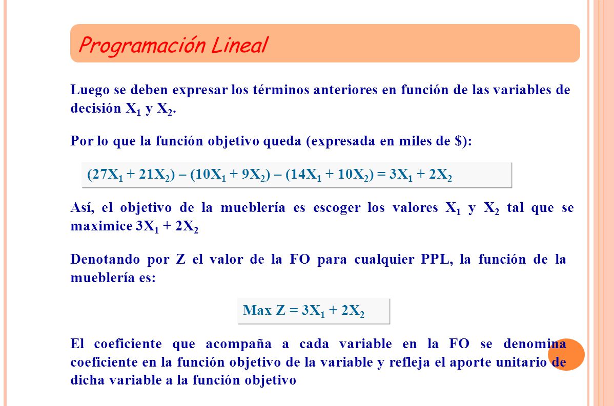 Programación Lineal Luego se deben expresar los términos anteriores en función de las variables de decisión X1 y X2.